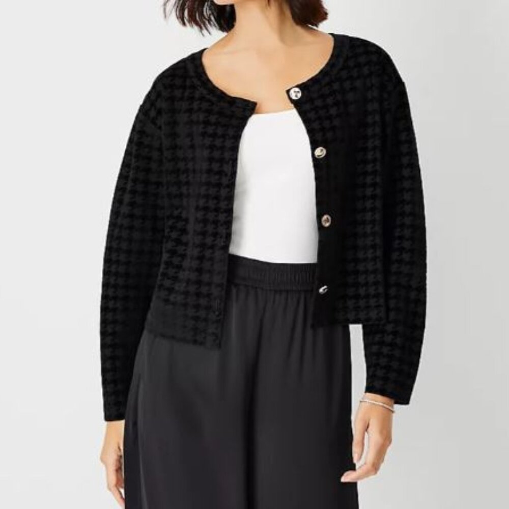 NWT ANN TAYLOR Black Houndstooth Cropped Jacket sz S